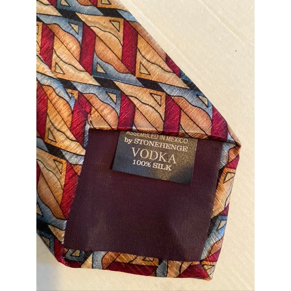 Vodka by Stonehenge Mens Silk Tie Geometric Abstract Gold Burgundy Blue